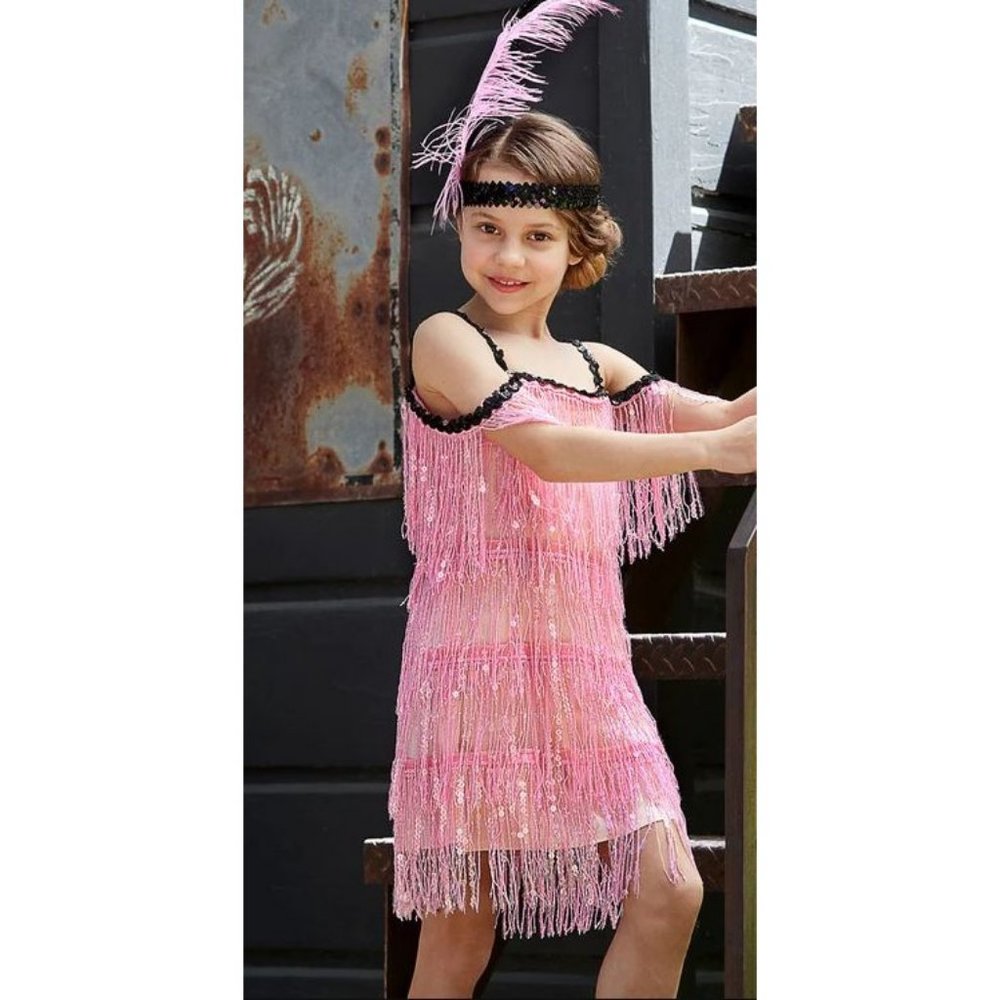 Girl Wishcraft Chasing Fireflies Pink Flapper Fringe Halloween Costume Size 8 - Picture 3 of 3